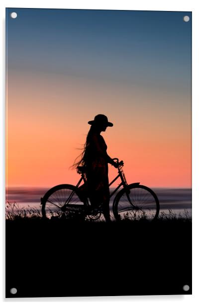 Silhouette Of Girl And Bike At Sunset Near The Sea Acrylic by Maggie McCall