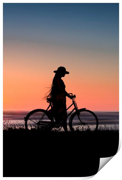 Silhouette Of Girl And Bike At Sunset Near The Sea Print by Maggie McCall