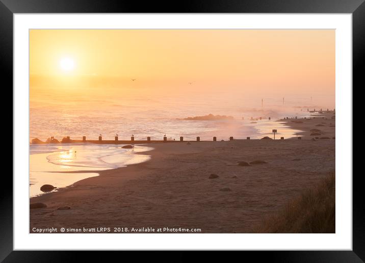 Norfolk coast sunrise with many seals Framed Mounted Print by Simon Bratt LRPS