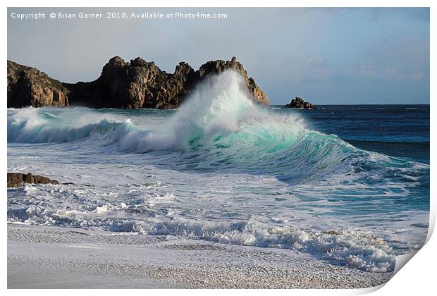 Waves on Porthcurno Beach Print by Brian Garner