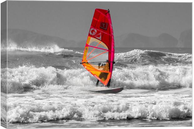 Windsurfing on Newgale Beach - Selective Colour. Canvas Print by Colin Allen