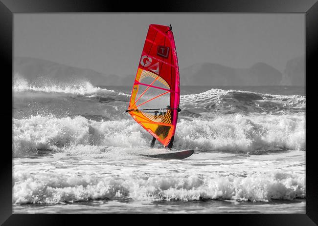 Windsurfing on Newgale Beach - Selective Colour. Framed Print by Colin Allen