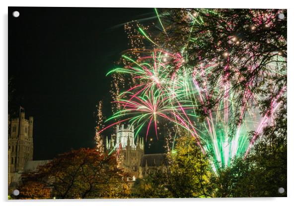 Ely Cathederal with  fireworks in Cambridgeshire Acrylic by Clive Wells