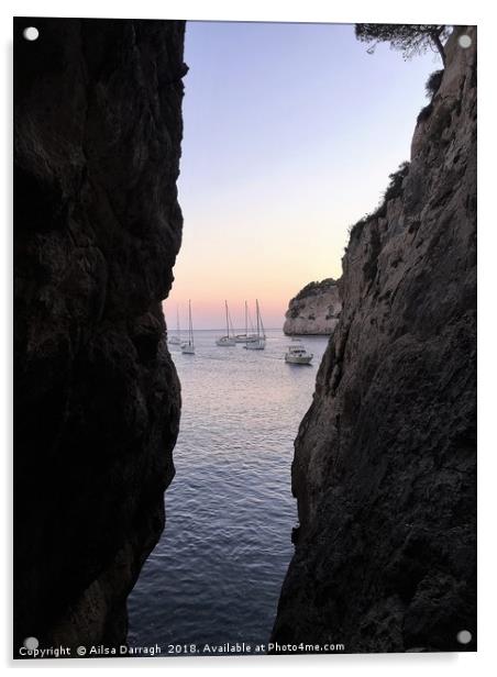 Boats at Sunset, Cala Galdana, Menorca Acrylic by Ailsa Darragh