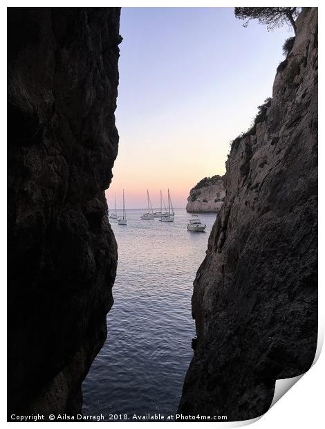 Boats at Sunset, Cala Galdana, Menorca Print by Ailsa Darragh