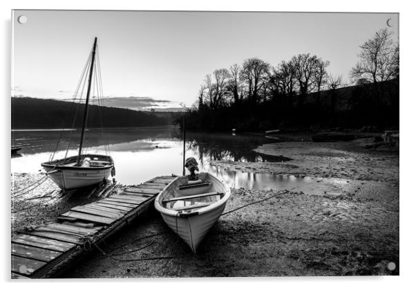 Saint Clement moorings at low tide in monochrome Acrylic by Michael Brookes