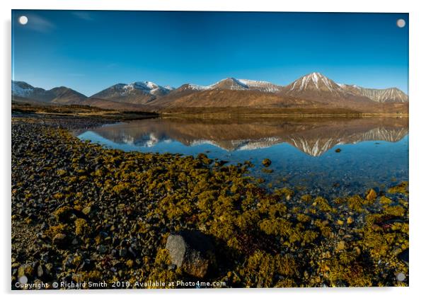 Snow capped Red Cuillin hills reflected. Acrylic by Richard Smith
