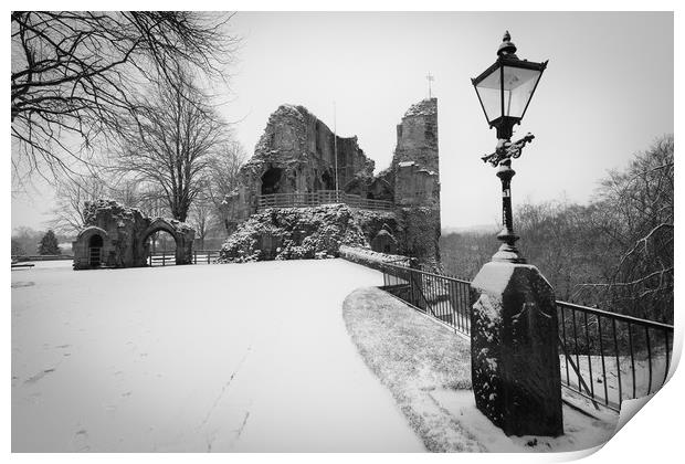 Knaresborough Castle in snow Print by mike morley