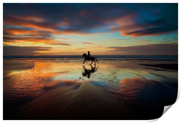 Horse Rider reflections at Widemouth Beach Print by Maggie McCall