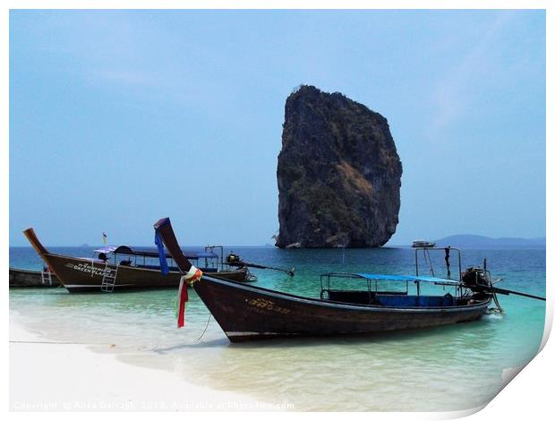 Krabi, Thailand Beach Boats Print by Ailsa Darragh