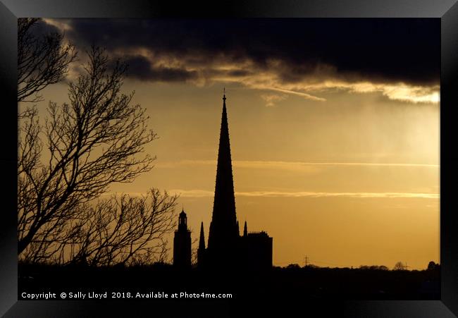 Norwich Cathedral Spire at sunset Framed Print by Sally Lloyd