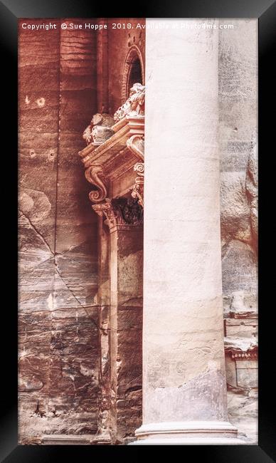 Pillar and carved doorway at the Treasury, Petra,  Framed Print by Sue Hoppe