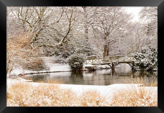 A bridge in the snow at Birkenhead park Framed Print by Rob Lester