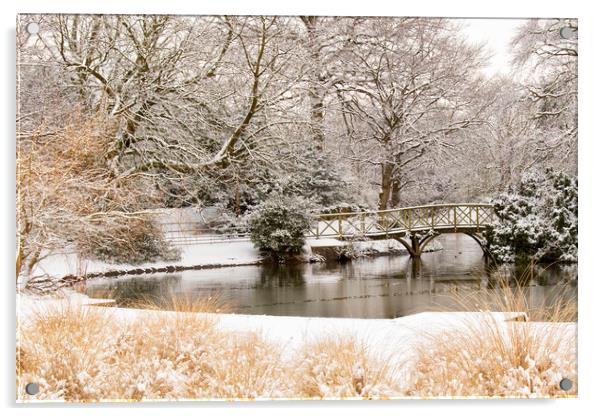 A bridge in the snow at Birkenhead park Acrylic by Rob Lester