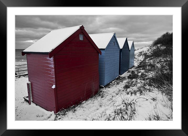 Winter Beach Huts with Selective colour Framed Mounted Print by Paul Macro
