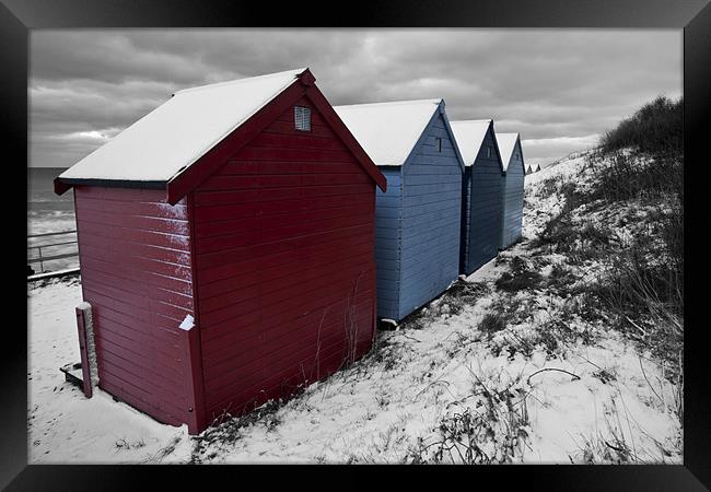 Winter Beach Huts with Selective colour Framed Print by Paul Macro