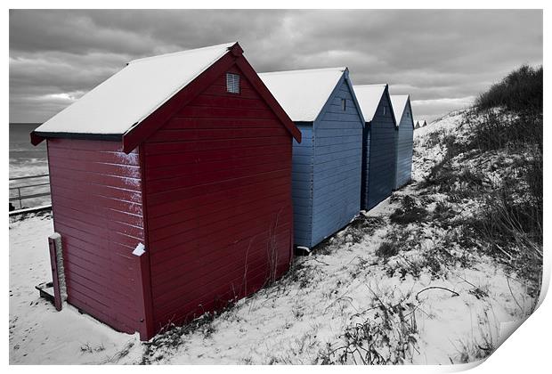 Winter Beach Huts with Selective colour Print by Paul Macro