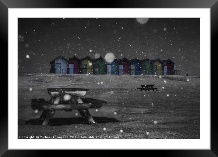 Blyth Beach huts snow scene Framed Mounted Print by Michael Thompson