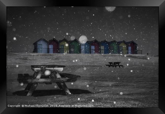 Blyth Beach huts snow scene Framed Print by Michael Thompson