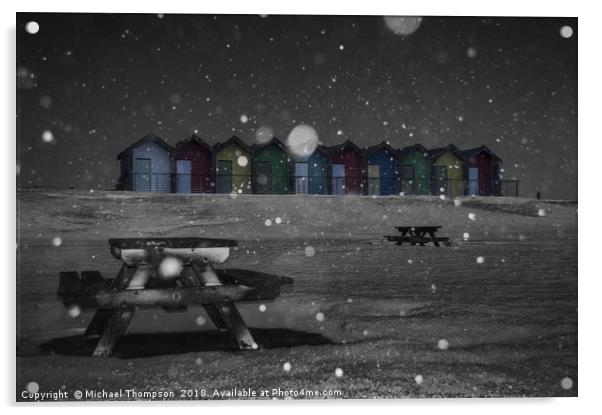 Blyth Beach huts snow scene Acrylic by Michael Thompson