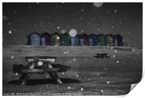 Blyth Beach huts snow scene Print by Michael Thompson