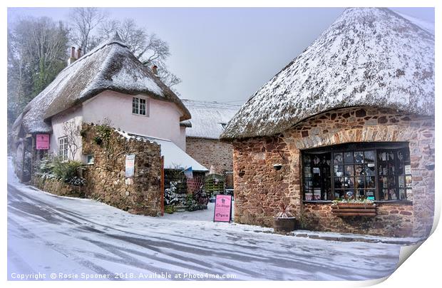 Snowy day at Cockington Village in Torquay Print by Rosie Spooner