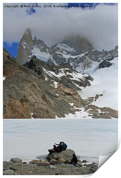 Frozen Lake at the footsteps of Fitz Roy Towers Print by Mark Seleny