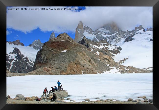 Frozen Lake at the footsteps  Fitz Roy Towers Framed Print by Mark Seleny