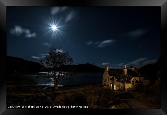 The moon over Loch Portree from a shore side house Framed Print by Richard Smith