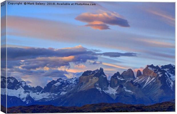 Sunrise clouds in Torres del Paine Mountains Canvas Print by Mark Seleny