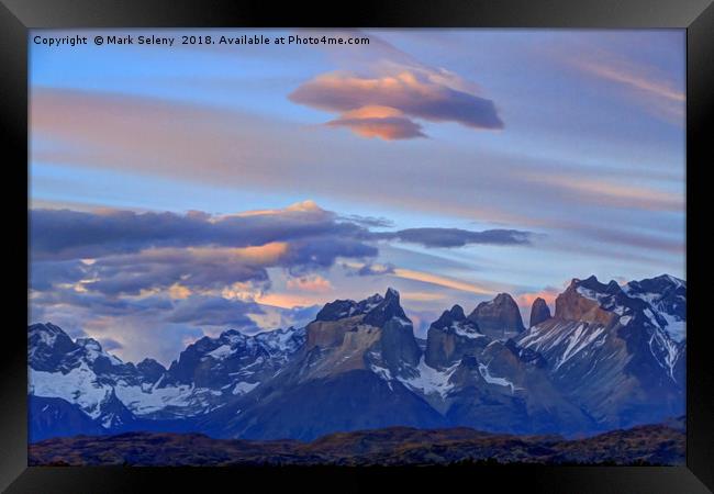 Sunrise clouds in Torres del Paine Mountains Framed Print by Mark Seleny