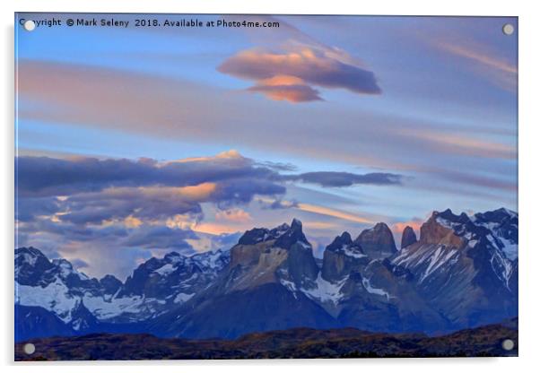 Sunrise clouds in Torres del Paine Mountains Acrylic by Mark Seleny