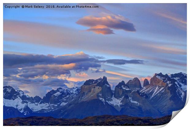 Sunrise clouds in Torres del Paine Mountains Print by Mark Seleny