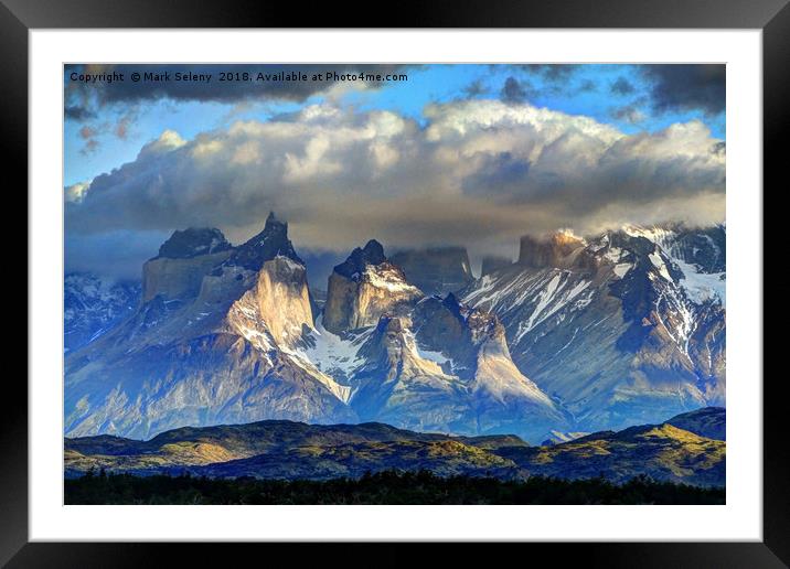 Sunrise in Torres del Paine Mountains - 3 Framed Mounted Print by Mark Seleny