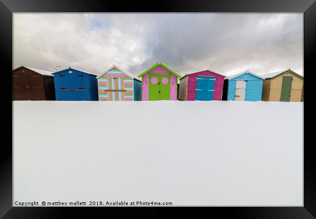 Beach Huts And Snow Framed Print by matthew  mallett