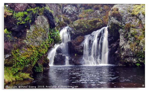 Black Linn waterfall near Greenock in Inverclyde.  Acrylic by Peter Gaeng