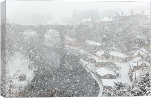 Knaresborough in snow blizzard Canvas Print by mike morley