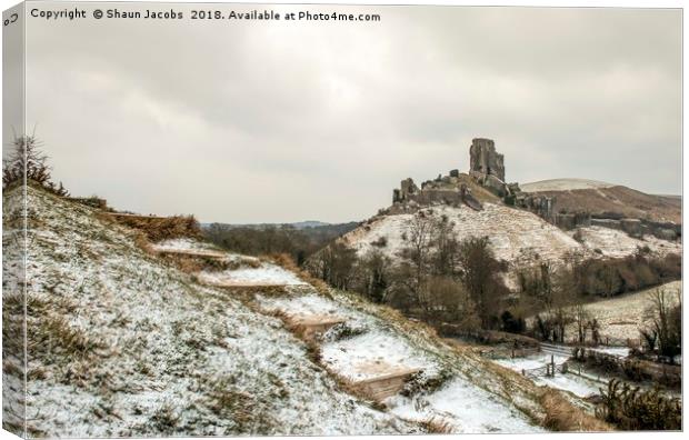 Corfe Castle winter Landscape  Canvas Print by Shaun Jacobs