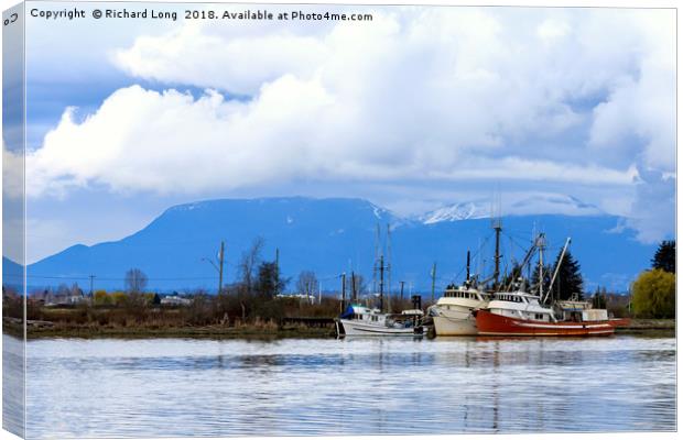 Fishing boats moored on the Fraser River BC Canada Canvas Print by Richard Long