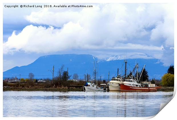 Fishing boats moored on the Fraser River BC Canada Print by Richard Long