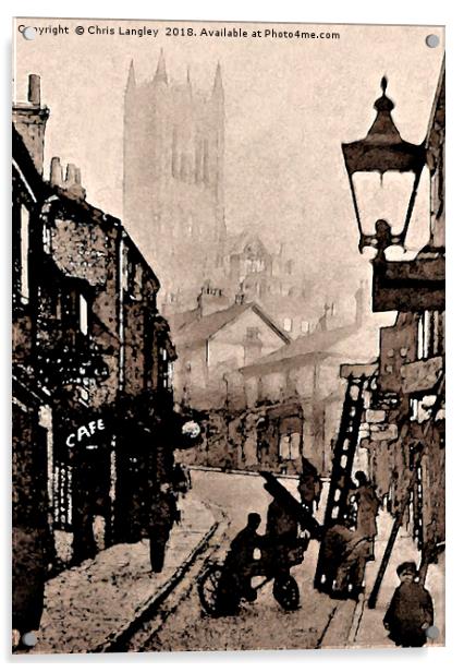 The Straight, Lincoln, 1890s misty day watercolour Acrylic by Chris Langley