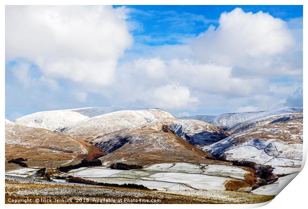 The Snowy Hills above Moffat, Scotland,  in Winter Print by Nick Jenkins