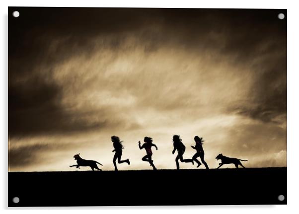  Silhouettes of running Girls and Dogs  Acrylic by Maggie McCall
