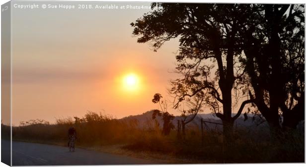 Cyclist at sunset in Zimbabwe Canvas Print by Sue Hoppe