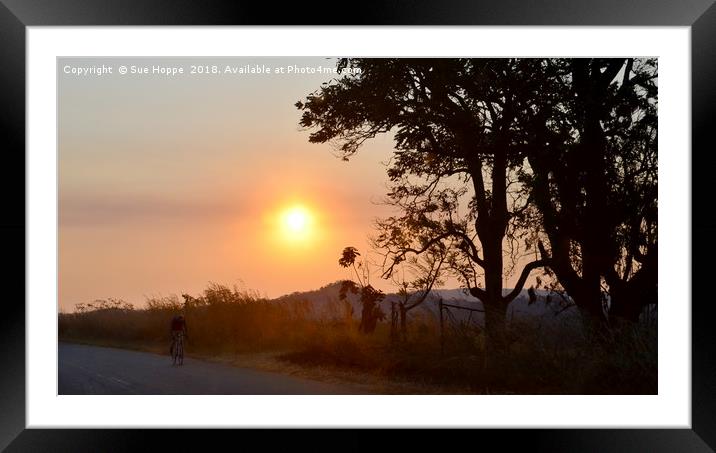 Cyclist at sunset in Zimbabwe Framed Mounted Print by Sue Hoppe