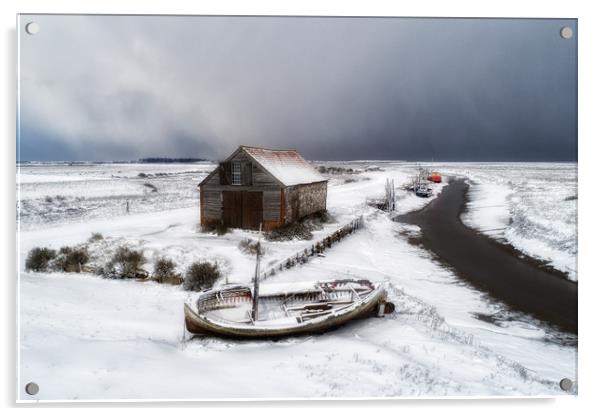 Snow around the old coal barn at Thornham  Acrylic by Gary Pearson