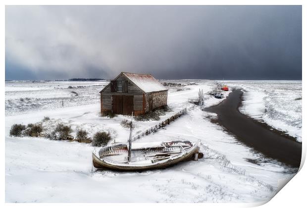 Snow around the old coal barn at Thornham  Print by Gary Pearson