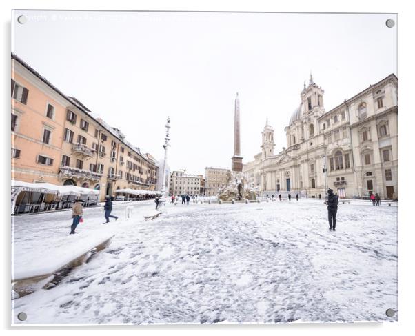 Piazza Navona in Rome covered with snow  Acrylic by Valerio Rosati
