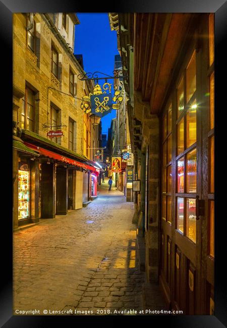 Looking up Grand Rue, Mont Saint Michel at night Framed Print by Lenscraft Images