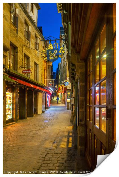Looking up Grand Rue, Mont Saint Michel at night Print by Lenscraft Images